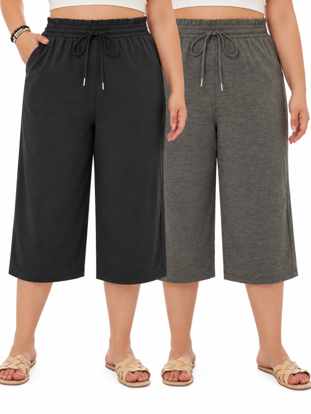 NEER Set of 2 Wide Leg Capri Lounge Pants Black Gray Stretch Knit Lounge